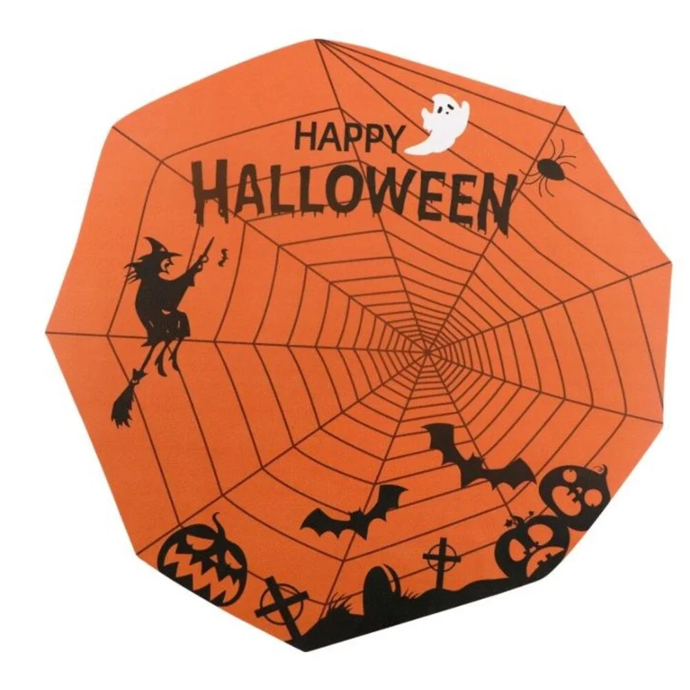 Halloween Placemats Set of 4 Ghost Bat Orange Round Faux Leather 14 Inch Non Sli